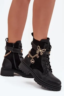 Botki Ocieplane|Botki Sznurowane></noscript>Boto Botki Workery Damskie Ocieplane Ze Złotym Łańcuchem I Zawieszkami Czarne Ravine