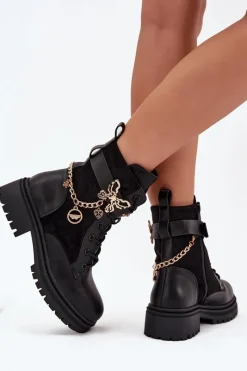 Botki Ocieplane|Botki Sznurowane></noscript>Boto Botki Workery Damskie Ocieplane Ze Złotym Łańcuchem I Zawieszkami Czarne Ravine