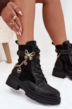 Botki Ocieplane|Botki Sznurowane></noscript>Boto Botki Workery Damskie Ocieplane Ze Złotym Łańcuchem I Zawieszkami Czarne Ravine
