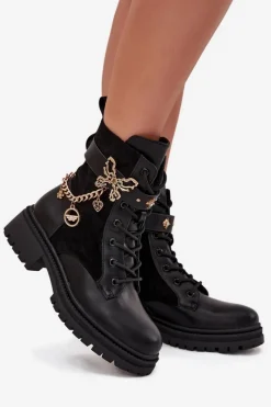 Botki Ocieplane|Botki Sznurowane></noscript>Boto Botki Workery Damskie Ocieplane Ze Złotym Łańcuchem I Zawieszkami Czarne Ravine