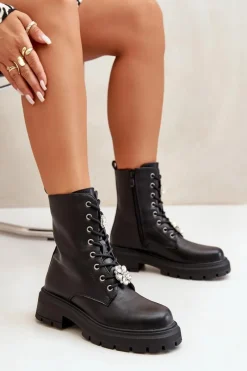 Boto Botki Workery Damskie Eko Skórzane Z Przypinkami Czarne Kristines