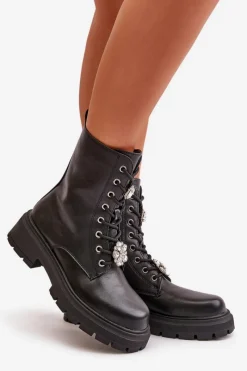 Boto Botki Workery Damskie Eko Skórzane Z Przypinkami Czarne Kristines