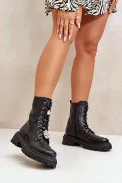 Boto Botki Workery Damskie Eko Skórzane Z Przypinkami Czarne Kristines