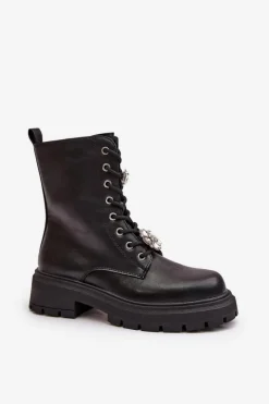 Boto Botki Workery Damskie Eko Skórzane Z Przypinkami Czarne Kristines