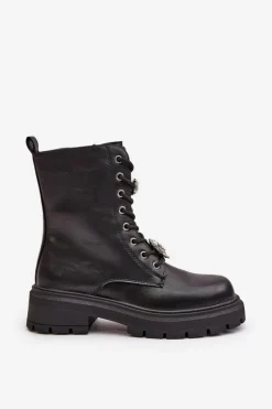 Boto Botki Workery Damskie Eko Skórzane Z Przypinkami Czarne Kristines