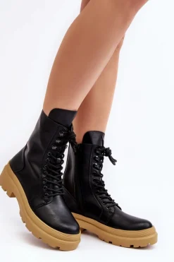 Botki Sznurowane|Czarne Botki>Boto Botki Workery Damskie Ekoskóra Czarne Irande - Jasna Podeszwa