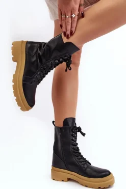 Botki Sznurowane|Czarne Botki>Boto Botki Workery Damskie Ekoskóra Czarne Irande - Jasna Podeszwa