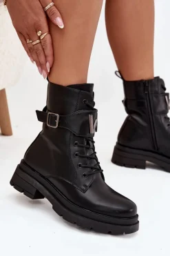 Outlet Botki Workery Damskie Eko Skórzane Z Ozdobnym Paskiem Czarne Ylianne Damskie Botki Ocieplane|Botki Sznurowane