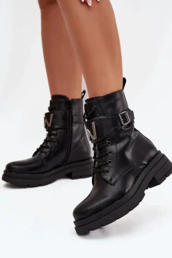 Outlet Botki Workery Damskie Eko Skórzane Z Ozdobnym Paskiem Czarne Ylianne Damskie Botki Ocieplane|Botki Sznurowane