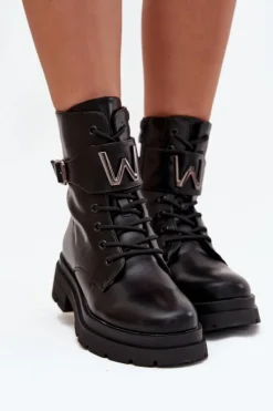 Outlet Botki Workery Damskie Eko Skórzane Z Ozdobnym Paskiem Czarne Ylianne Damskie Botki Ocieplane|Botki Sznurowane