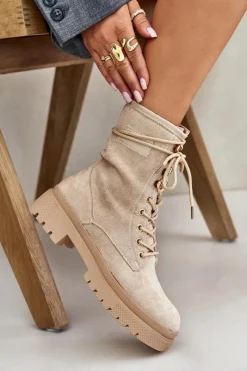 Discount Botki Workery Damskie Na Zamek Z Eko Zamszu Beżowe Savalann Damskie Botki Sznurowane|Botki Płaskie