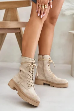 Discount Botki Workery Damskie Na Zamek Z Eko Zamszu Beżowe Savalann Damskie Botki Sznurowane|Botki Płaskie