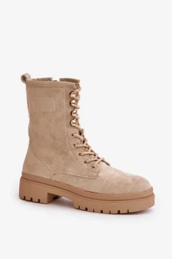 Discount Botki Workery Damskie Na Zamek Z Eko Zamszu Beżowe Savalann Damskie Botki Sznurowane|Botki Płaskie