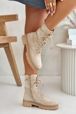 Discount Botki Workery Damskie Na Zamek Z Eko Zamszu Beżowe Savalann Damskie Botki Sznurowane|Botki Płaskie