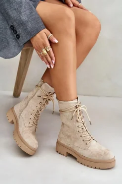 Discount Botki Workery Damskie Na Zamek Z Eko Zamszu Beżowe Savalann Damskie Botki Sznurowane|Botki Płaskie