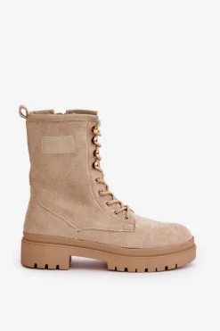 Discount Botki Workery Damskie Na Zamek Z Eko Zamszu Beżowe Savalann Damskie Botki Sznurowane|Botki Płaskie