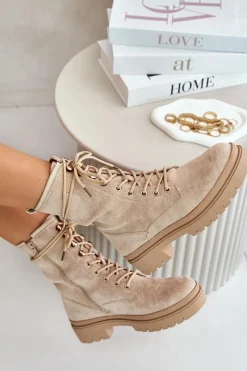 Discount Botki Workery Damskie Na Zamek Z Eko Zamszu Beżowe Savalann Damskie Botki Sznurowane|Botki Płaskie