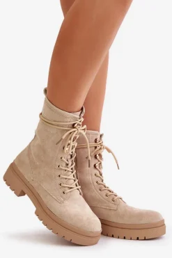 Discount Botki Workery Damskie Na Zamek Z Eko Zamszu Beżowe Savalann Damskie Botki Sznurowane|Botki Płaskie