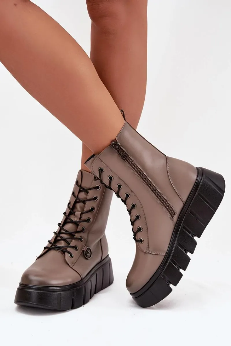 Botki Ocieplane|Botki Na Koturnie>Buty damskie Vinceza Botki Workery Damskie Na Platformie Ocieplane Vinceza 58588 Ciemnobeżowe Beżowy