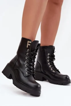 New Botki Workery Damskie Na Klocku Ocieplane Z Literą F Czarne Lurina Damskie Botki Ocieplane|Botki Sznurowane