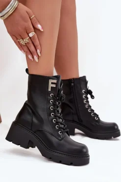 New Botki Workery Damskie Na Klocku Ocieplane Z Literą F Czarne Lurina Damskie Botki Ocieplane|Botki Sznurowane