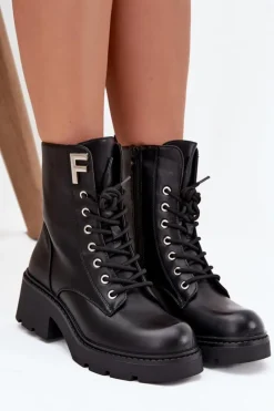 New Botki Workery Damskie Na Klocku Ocieplane Z Literą F Czarne Lurina Damskie Botki Ocieplane|Botki Sznurowane