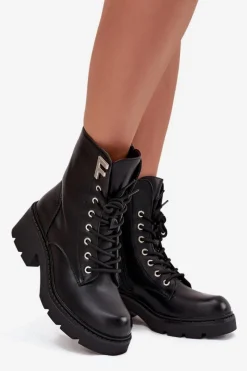 New Botki Workery Damskie Na Klocku Ocieplane Z Literą F Czarne Lurina Damskie Botki Ocieplane|Botki Sznurowane