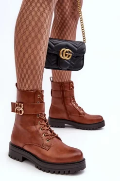 Boto Botki Workery Damskie Na Suwak Z Ozdobą Brązowe Ciossava