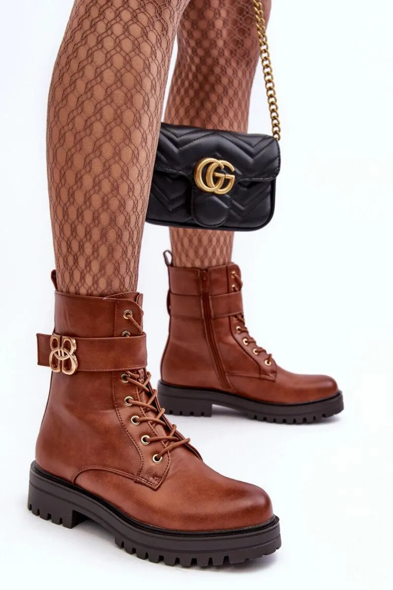 Boto Botki Workery Damskie Na Suwak Z Ozdobą Brązowe Ciossava