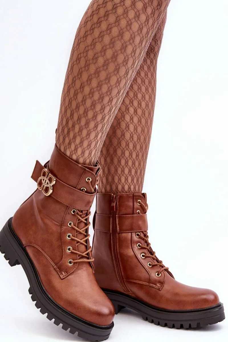 Boto Botki Workery Damskie Na Suwak Z Ozdobą Brązowe Ciossava