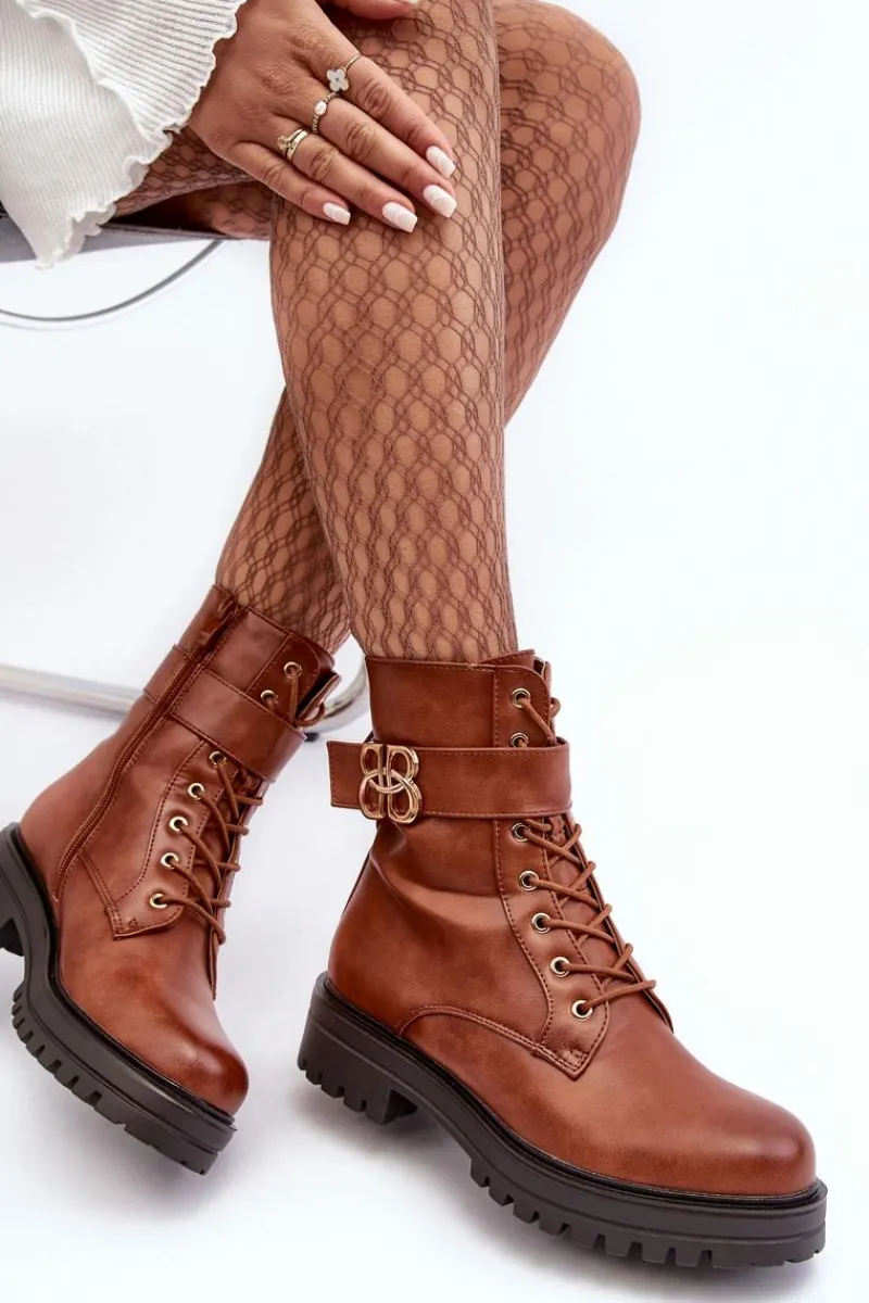 Boto Botki Workery Damskie Na Suwak Z Ozdobą Brązowe Ciossava