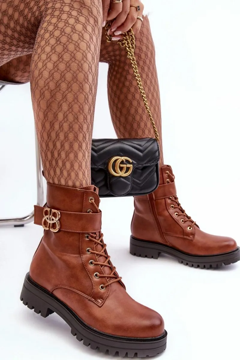 Boto Botki Workery Damskie Na Suwak Z Ozdobą Brązowe Ciossava