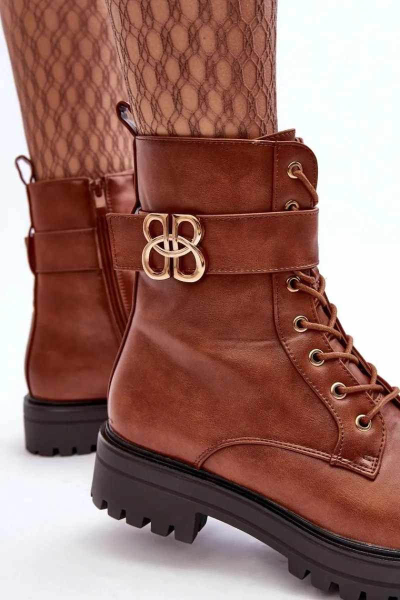 Boto Botki Workery Damskie Na Suwak Z Ozdobą Brązowe Ciossava