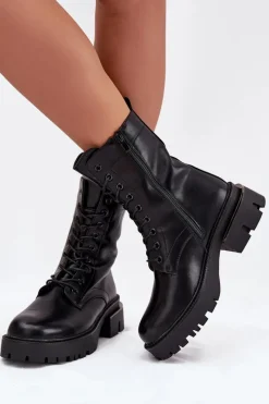 Best Botki Workery Damskie Na Klocku Czarne Alviora Damskie Botki Sznurowane|Botki Płaskie