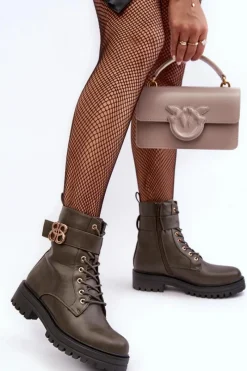 Botki Ocieplane|Botki Sznurowane></noscript>Boto Botki Workery Damskie Na Suwak Z Ozdobą Ciemnozielone Ciossava