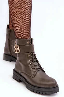 Botki Ocieplane|Botki Sznurowane></noscript>Boto Botki Workery Damskie Na Suwak Z Ozdobą Ciemnozielone Ciossava