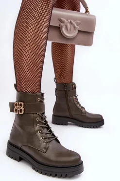 Botki Ocieplane|Botki Sznurowane></noscript>Boto Botki Workery Damskie Na Suwak Z Ozdobą Ciemnozielone Ciossava