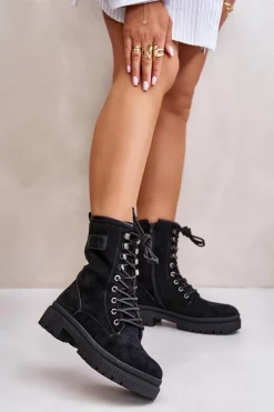 Botki Ocieplane|Botki Sznurowane>Boto Botki Workery Damskie Na Zamek Z Eko Zamszu Czarne Savalann Czarny