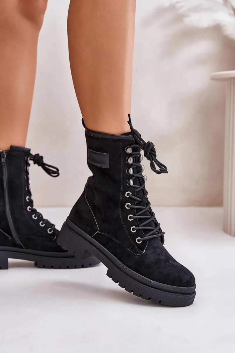 Botki Ocieplane|Botki Sznurowane>Boto Botki Workery Damskie Na Zamek Z Eko Zamszu Czarne Savalann Czarny