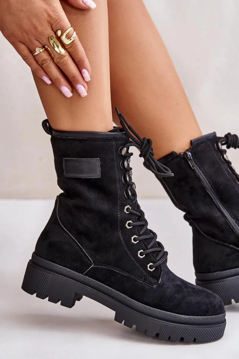 Botki Ocieplane|Botki Sznurowane>Boto Botki Workery Damskie Na Zamek Z Eko Zamszu Czarne Savalann Czarny