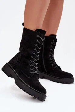 Discount Botki Workery Damskie Ocieplane Czarne Marvielle Damskie Botki Ocieplane|Botki Sznurowane