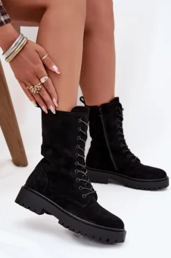 Discount Botki Workery Damskie Ocieplane Czarne Marvielle Damskie Botki Ocieplane|Botki Sznurowane
