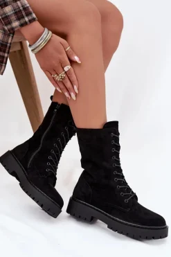 Discount Botki Workery Damskie Ocieplane Czarne Marvielle Damskie Botki Ocieplane|Botki Sznurowane