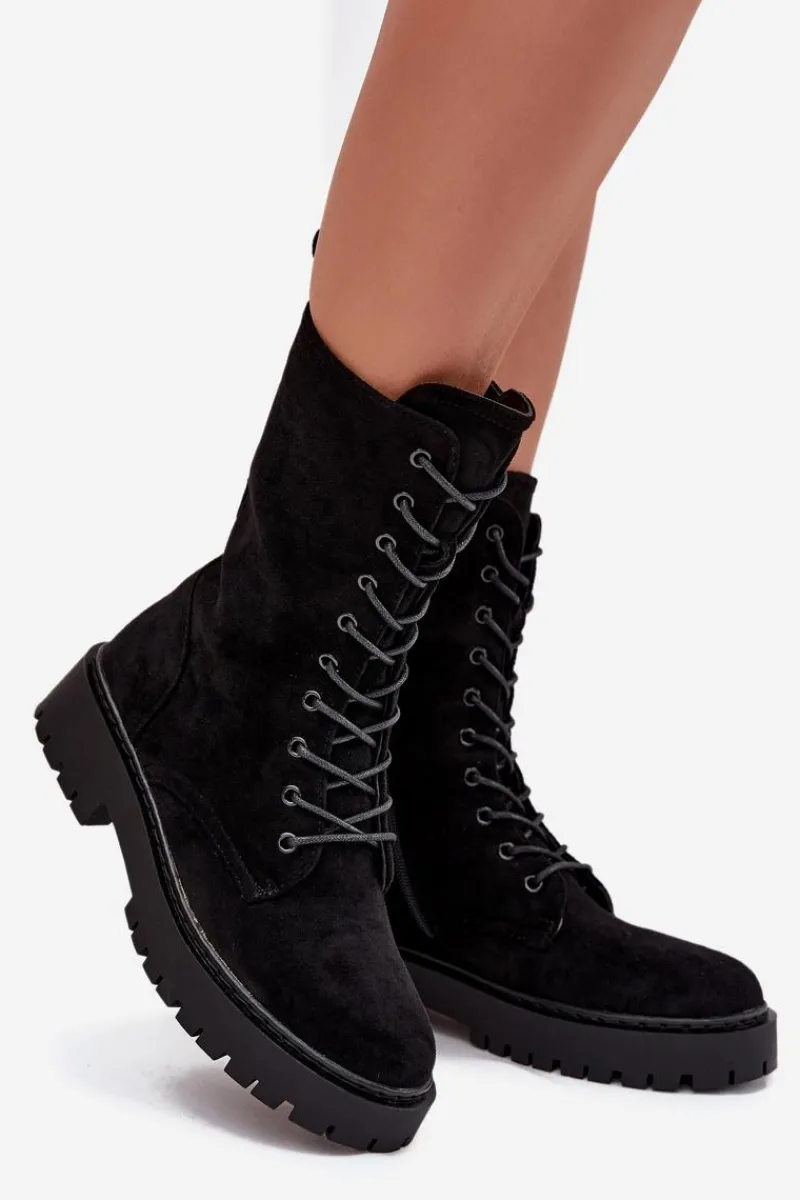 Discount Botki Workery Damskie Ocieplane Czarne Marvielle Damskie Botki Ocieplane|Botki Sznurowane