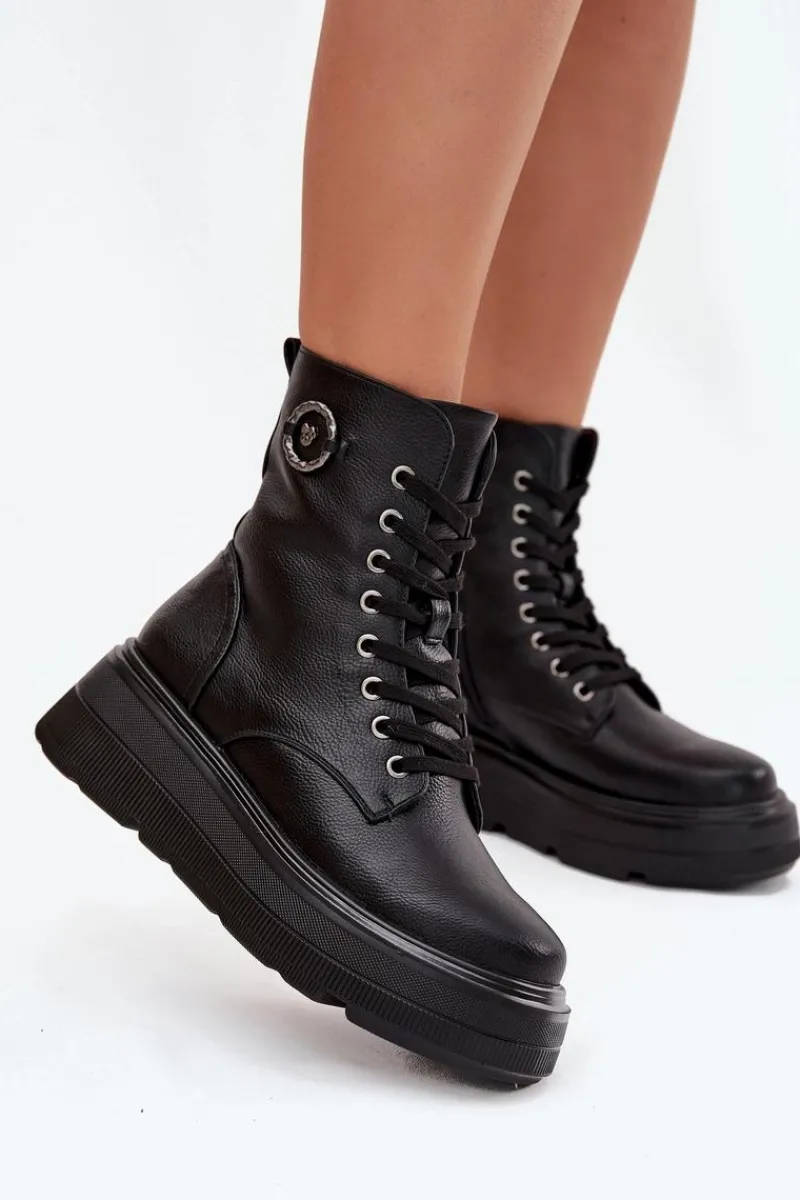 Botki Ocieplane|Botki Na Koturnie>Buty damskie Vinceza Botki Workery Damskie Ocieplane Na Platformie Z Ozdobnym Detalem Vinceza 16513 Czarne