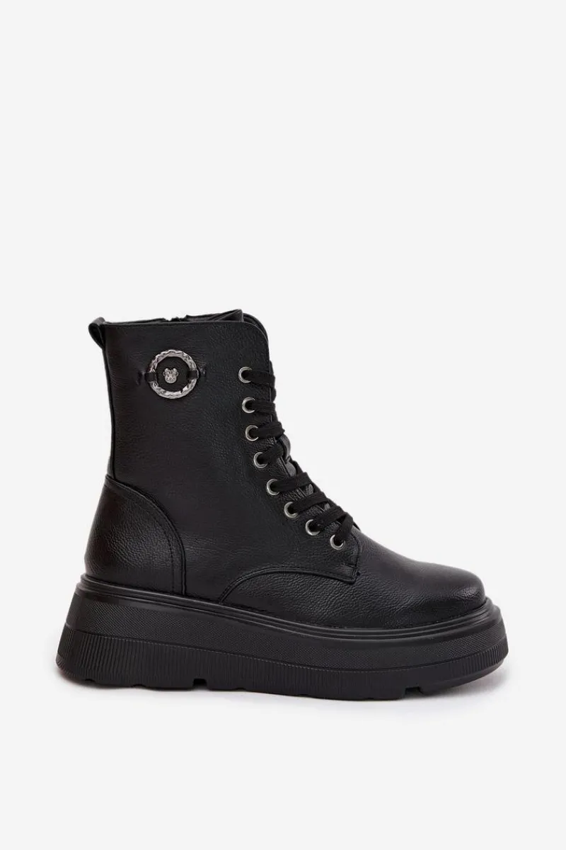 Botki Ocieplane|Botki Na Koturnie>Buty damskie Vinceza Botki Workery Damskie Ocieplane Na Platformie Z Ozdobnym Detalem Vinceza 16513 Czarne