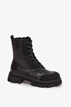 Online Botki Workery Damskie Ocieplane Ze Zdobieniem S.Barski HY42-982 Czarne Damskie Botki Ocieplane|Botki Skórzane