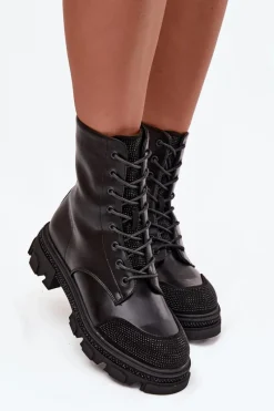 Online Botki Workery Damskie Ocieplane Ze Zdobieniem S.Barski HY42-982 Czarne Damskie Botki Ocieplane|Botki Skórzane