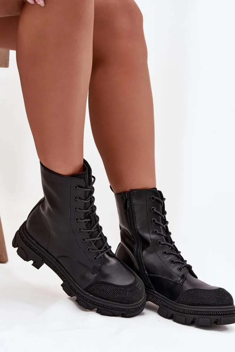 Online Botki Workery Damskie Ocieplane Ze Zdobieniem S.Barski HY42-982 Czarne Damskie Botki Ocieplane|Botki Skórzane