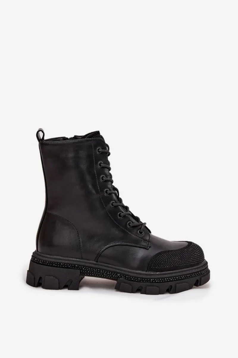 Online Botki Workery Damskie Ocieplane Ze Zdobieniem S.Barski HY42-982 Czarne Damskie Botki Ocieplane|Botki Skórzane